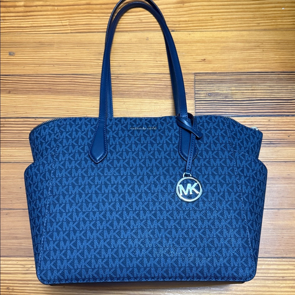 Michael Kors Navy Monogram Tote with Gold MK Charm